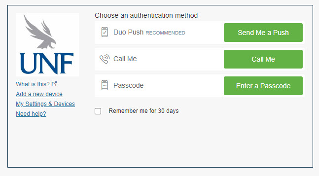 screenshot of Duo Push indicating options to Choose an authentication method