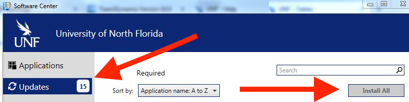 Red arrows directing to select Software Center Updates and Install All links