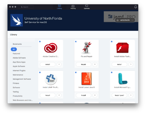 Self Service for MAC using JAMF display showing the available software for download