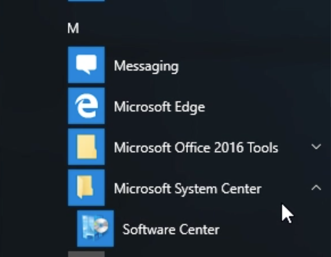 Software Center Windows 10 with arrow pointing to microsoft system center