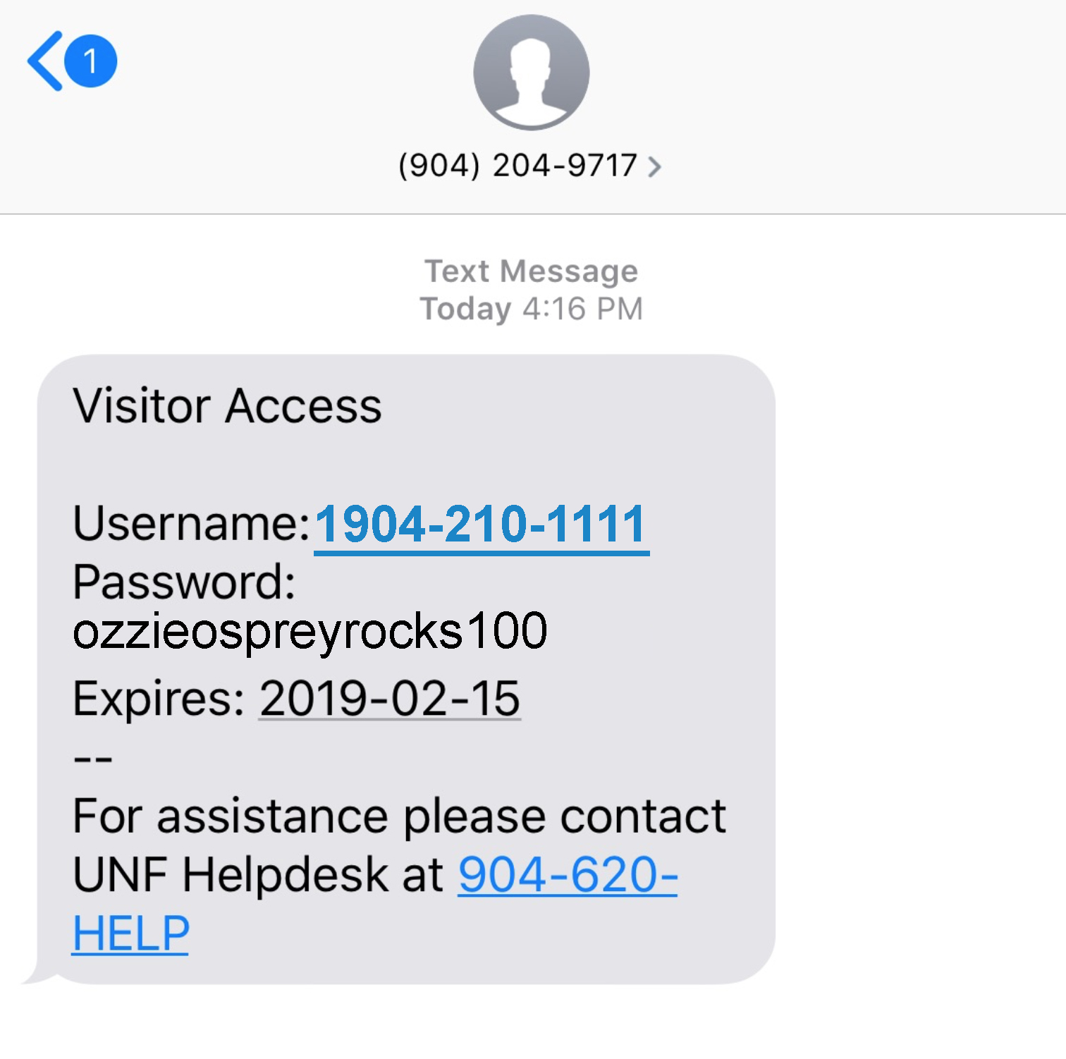 UNF Visitor wireless login text message