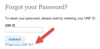 Forgot your Password screen with option to look up UNF ID