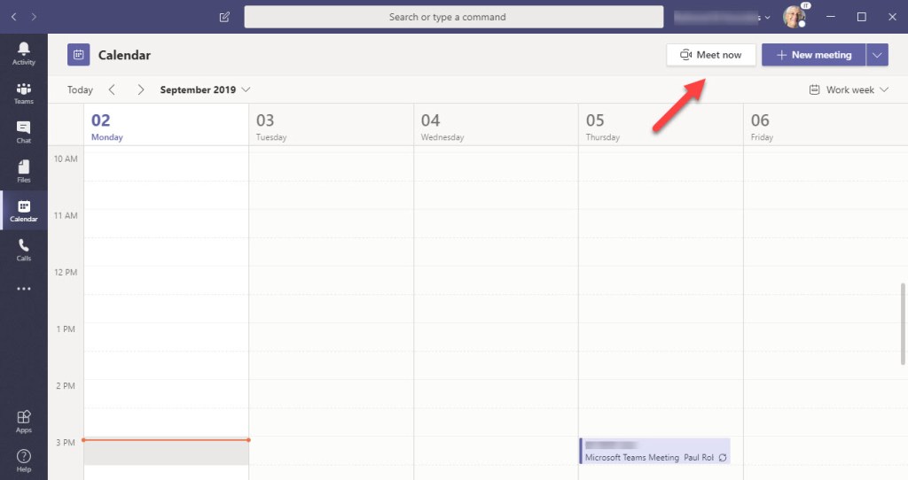 Meet Now feature in the Teams Calendar