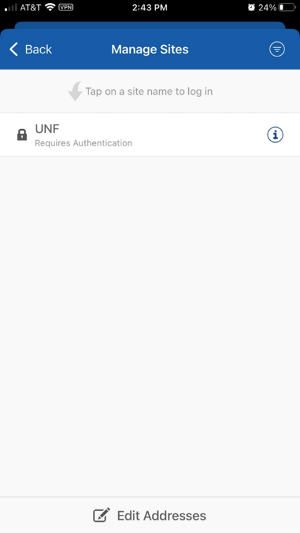 manage sites tap on a site name to log in UNF requires authentication