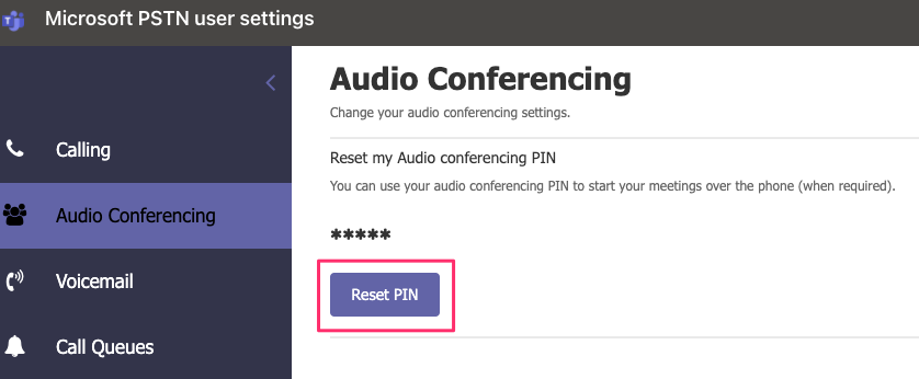reset Pin option in team audio conferencing