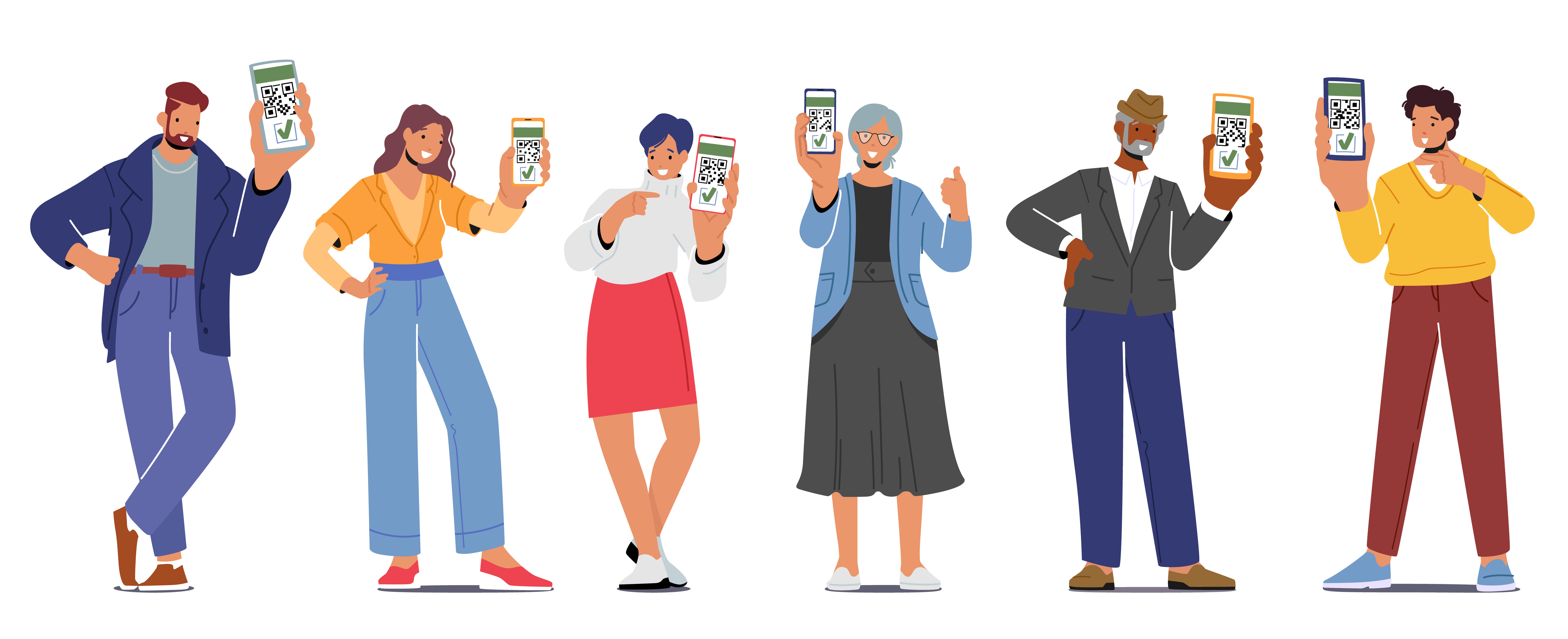 cartoon of 6 people standing holding cell phones showing 2 factor authentication