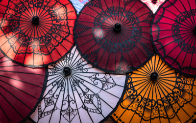 Photo of colorful parasols with intricate black overlay designs.