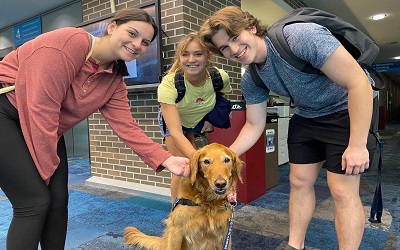 Three students smile while petting a golden retriever wearing a Campus Canines vest