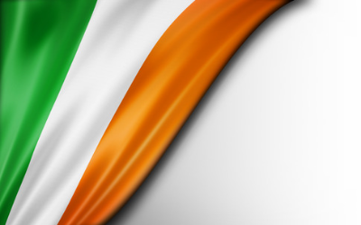 The Irish flag with bands of green, white, and gold on a white background.