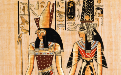 A painting depicting ancient Egyptian queen Nefertari and the Egyptian god Horus.