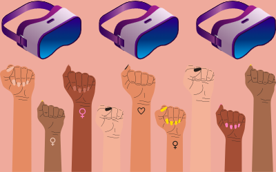 Women's fists raised to mark Women's History Month with three virtual reality headsets above them.