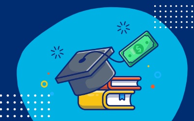 Graphic of a graduation cap with a dollar bill attached on top of textbooks.