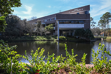 view of Coggin College of Business from the lake