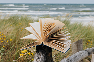 Book sitting on a fence at the beach
