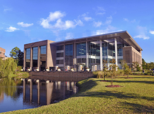 Thomas G. Carpenter Library with pond in front