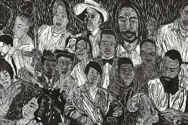 Black and white art print featuring faces of several people
