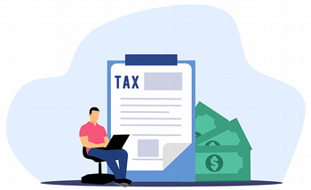 Tax form graphic with man sitting in a chair typing on a laptop