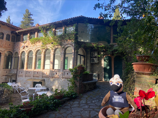 Ozzie sitting outside of a villa