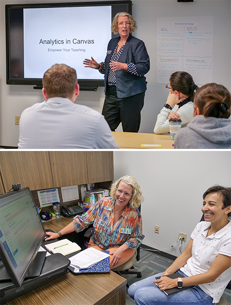 two images of Jann Sutton teaching students