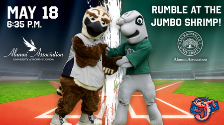 UNF mascot and JU mascot on a baseball field