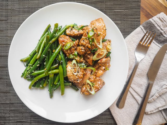 Plate of green beans and meat