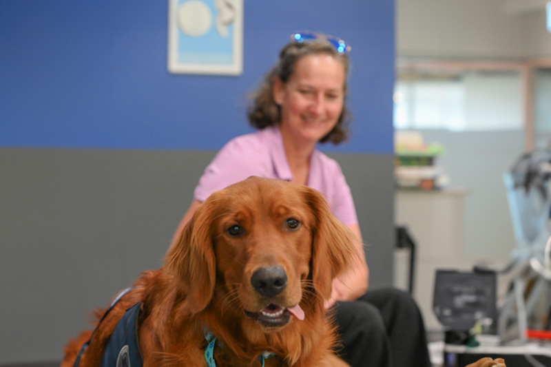 UN employee siting with a dog