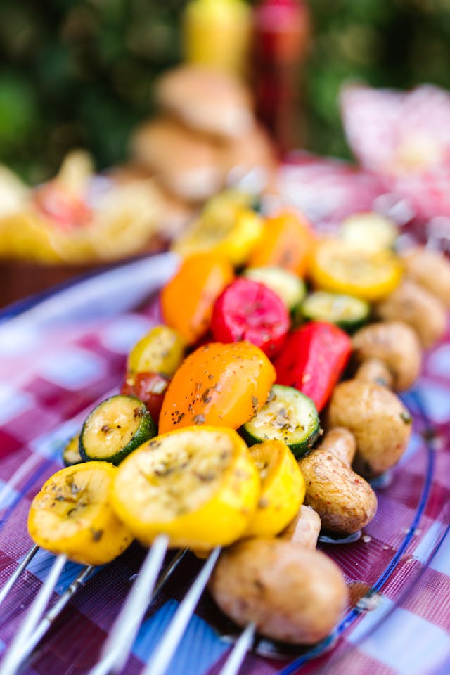 Grilled squash, zucchini and mushroom skewers