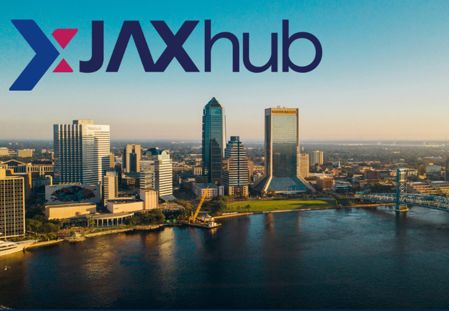 Downtown Jacksonville with JAXhub logo at top left