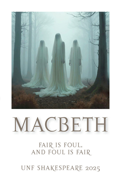 Macbeth flyer showing the three witches in an eerie woods setting