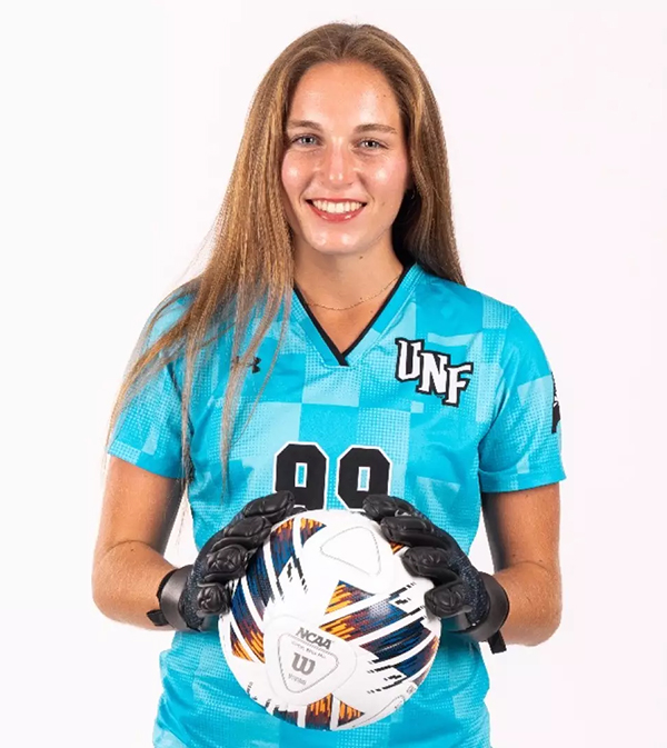 UNF goalkeeper Chrissa Avery holding a soccer ball