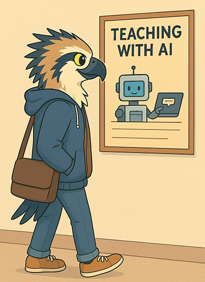 Bird looking at a sign that says "Teaching with AI"