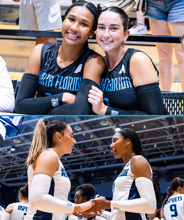 UNF volleyball players smiling and praying
