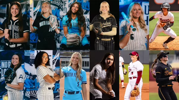 Collage of various female softball players