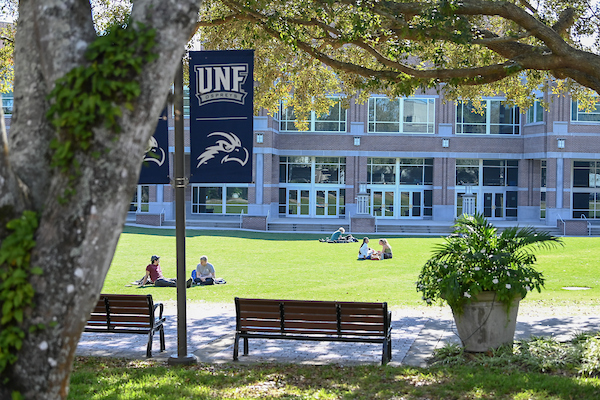UNF campus scene with Fine Arts Center in the background
