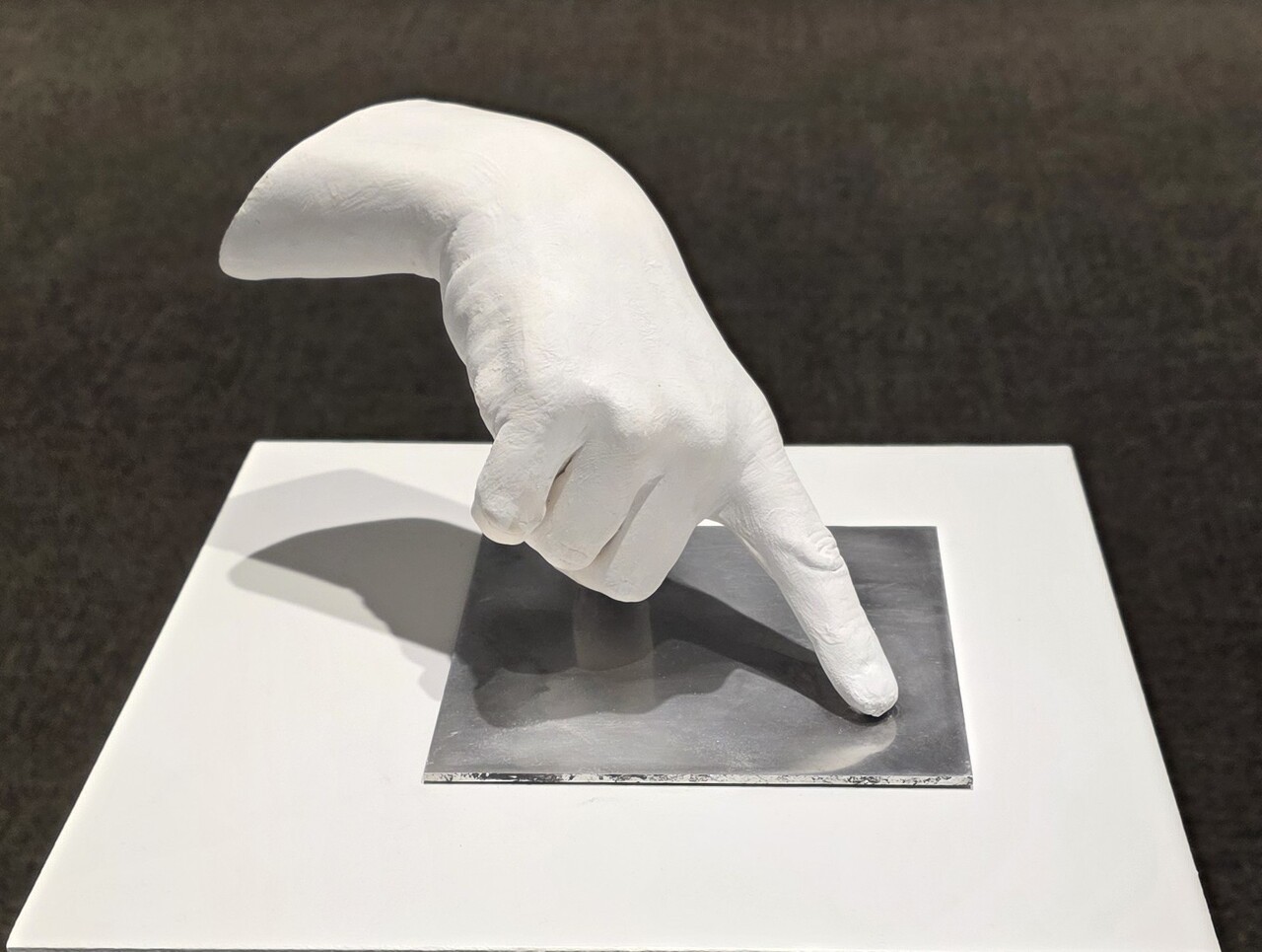 Hand art piece on display at an exhibition