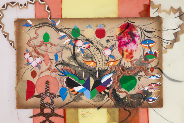 Jiha Moon, 2024, Shape of Heart. Acrylic, Silk, Hanji Paper, and Found Fabric. Courtesy of Dereck Eller Gallery.