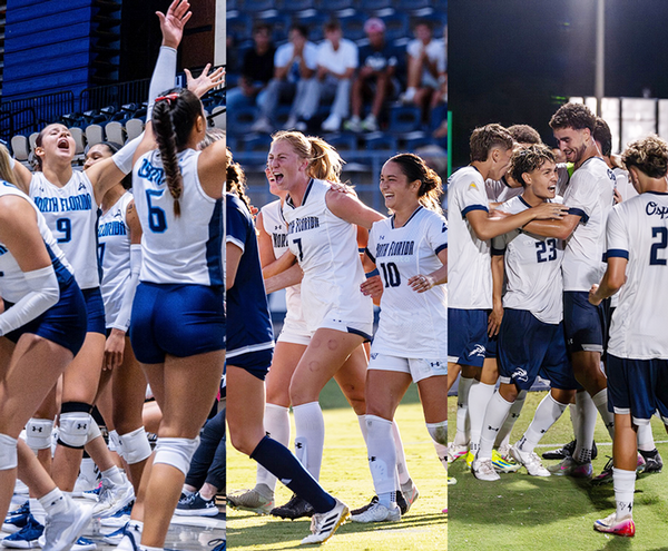 UNF volleyball and soccer teams celebrating
