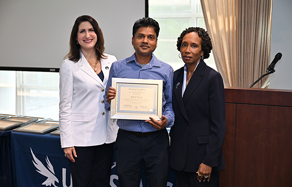 UNF Interim President Angela Falconetti, Professor Rakesh Maurya and Provost Karen Patterson