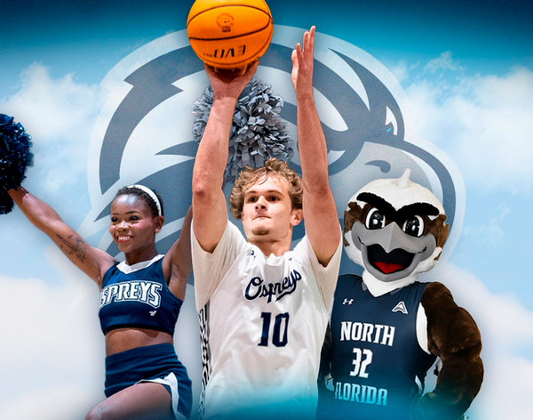 Ozzie the Osprey, a UNF cheerleader and basketball player