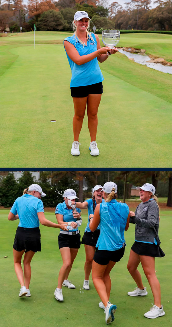 UNF golfer Kaitlyn Schroeder holding a trophy on a gold course and team members laughing and playing
