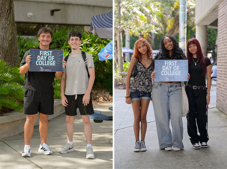Various UNF students holding 'First Day of College' signs