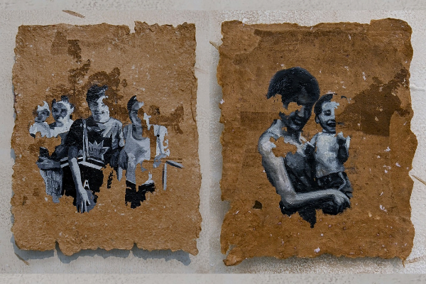 Ricder Ricardo, 'The Lake' and 'The Beach,' both 2026, oil and laser engraving on handmade paper.