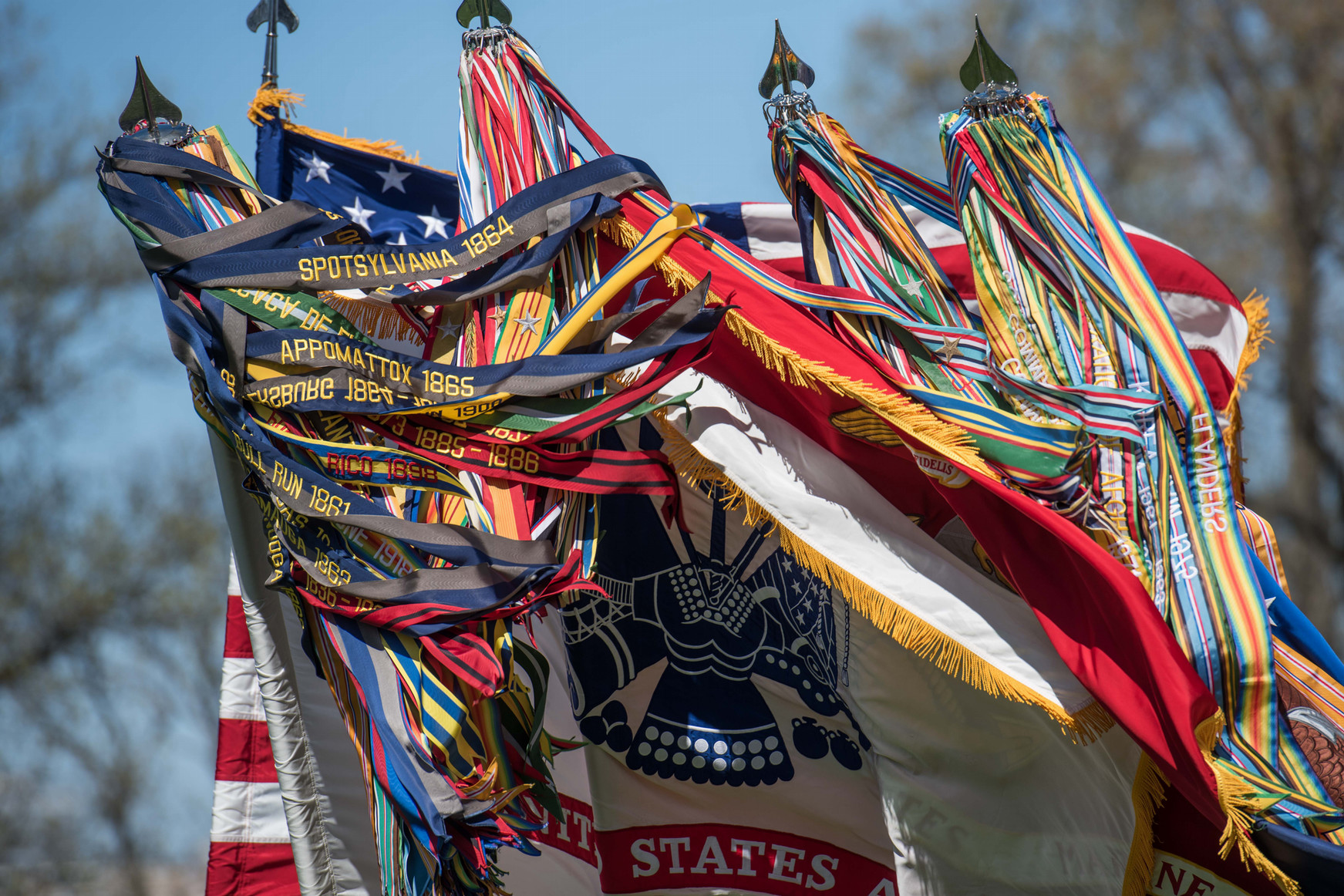 Army colors on three flags blowing in the wind