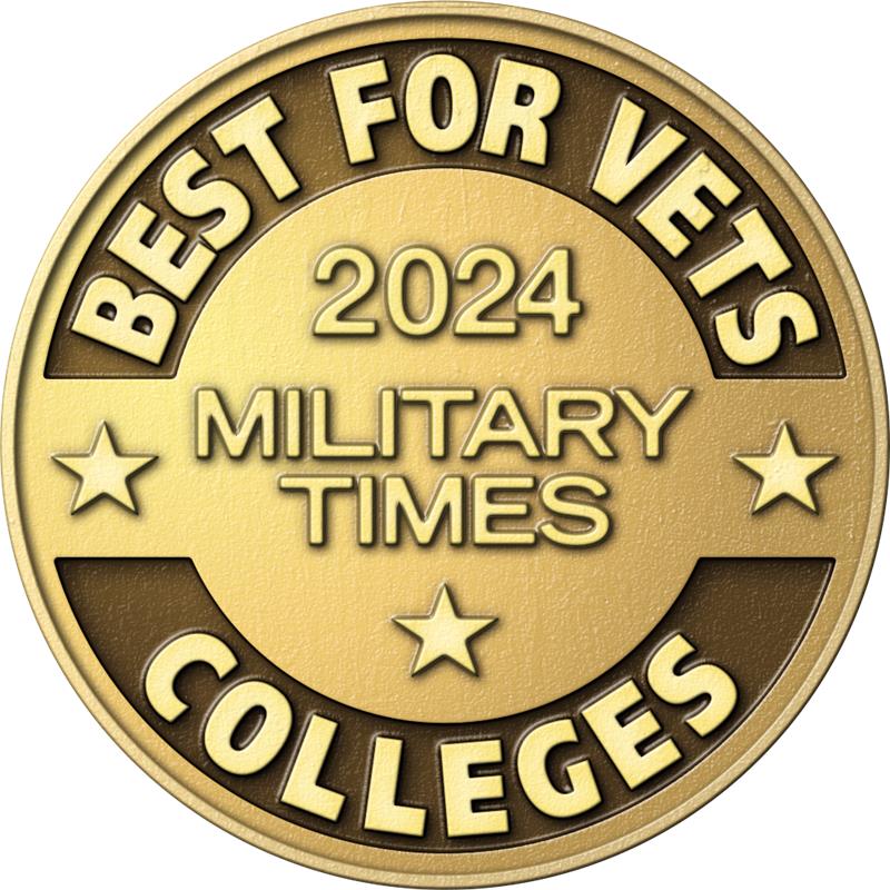 2024 Military Times Best for Vets Colleges text of We made the list! on black background with stars
