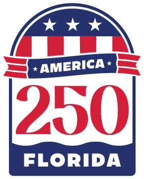 A window shaped logo with 3 stars, America, 250, and Florida.
