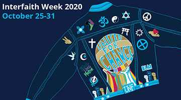 Interfaith Week logo featuring a graphic of a jean jacket with pins symbolizing different religions.