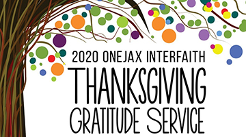 A colorful tree that reads -2020 OneJax Thanksgiving Gratitude Service