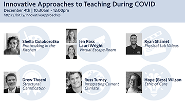Innovative Solutions for Teaching During COVID Faculty Panel event - featuring headshots and titles of all speakers. More info below