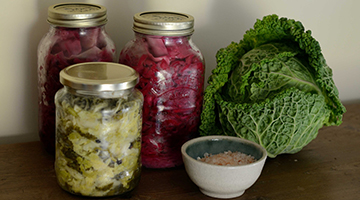An assortment of fermented foods like cabbage, red onions and more.