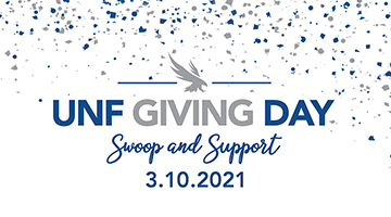 UNF Giving Day, Swoop and Support 3.10.2021 with blue and gray confetti